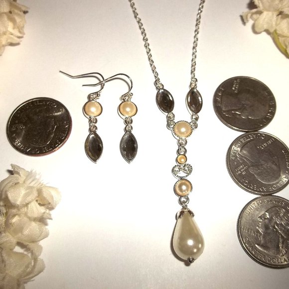 SAQ Y Necklace and Earring Set Silver Faux Pearl Ivory Cream Beige Beaded C446 - Picture 2 of 6